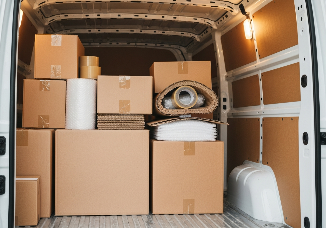 Collection and delivery of items — furniture and boxes being loaded into a van
