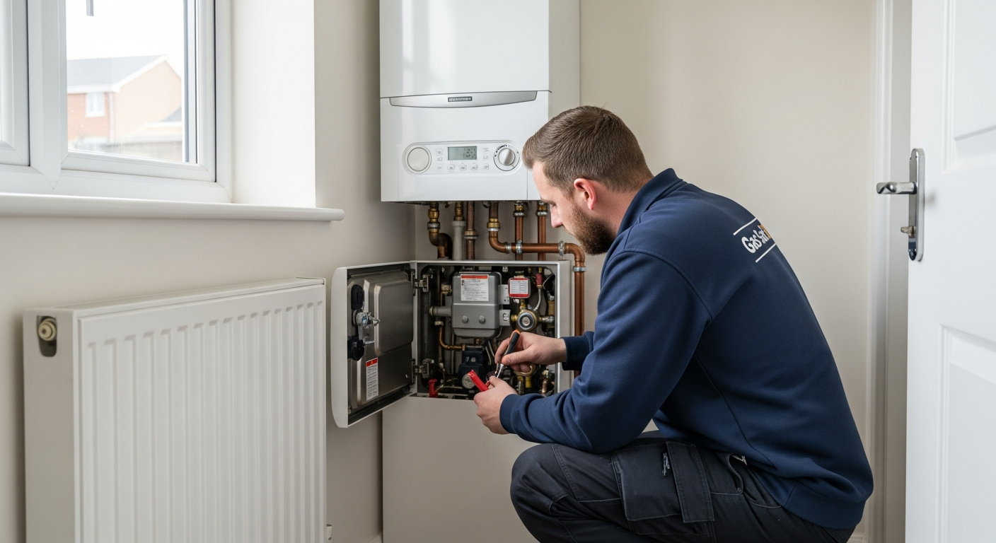 Gas engineer working on a boiler installation in a Walsall home